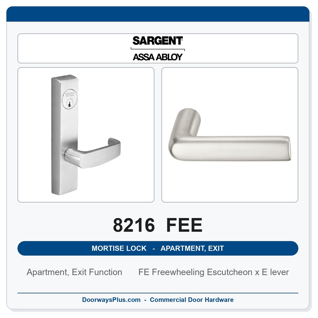 Sargent 8216 FEE Trim Apartment, Exit or Public Restroom Mortise Lockset | LA Keyway, Grade 1 Commercial