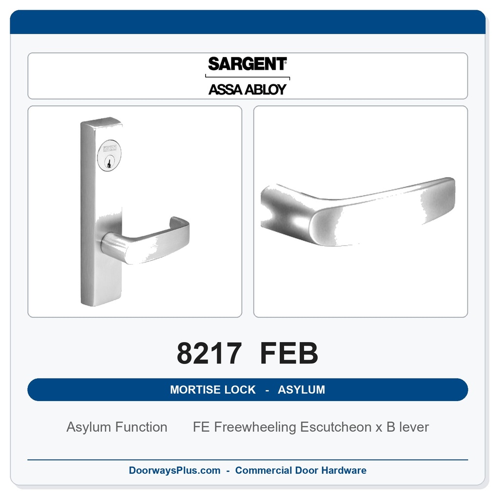 Sargent 8217 FEB Trim Asylum or Institutional Mortise Lockset | LA Keyway, Grade 1 Commercial