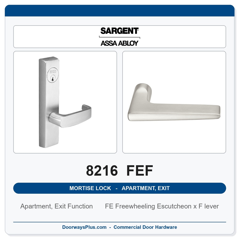 Sargent 8216 FEF Trim Apartment, Exit or Public Restroom Mortise Lockset | LA Keyway, Grade 1 Commercial