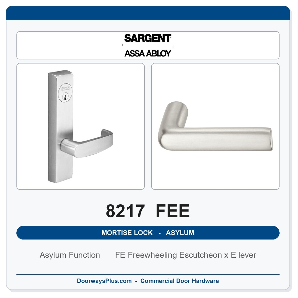 Sargent 8217 FEE Trim Asylum or Institutional Mortise Lockset | LA Keyway, Grade 1 Commercial