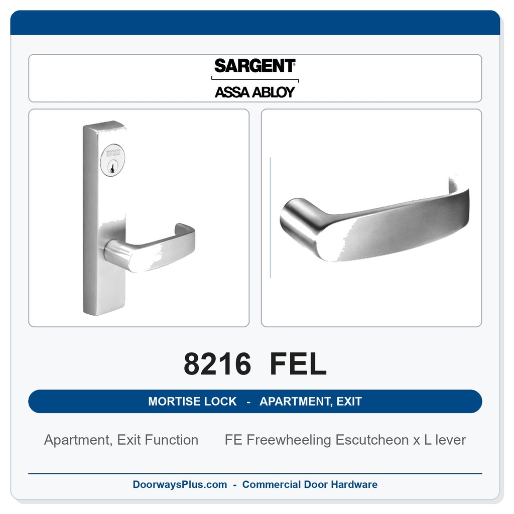 Sargent 8216 FEL Trim Apartment, Exit or Public Restroom Mortise Lockset | LA Keyway, Grade 1 Commercial