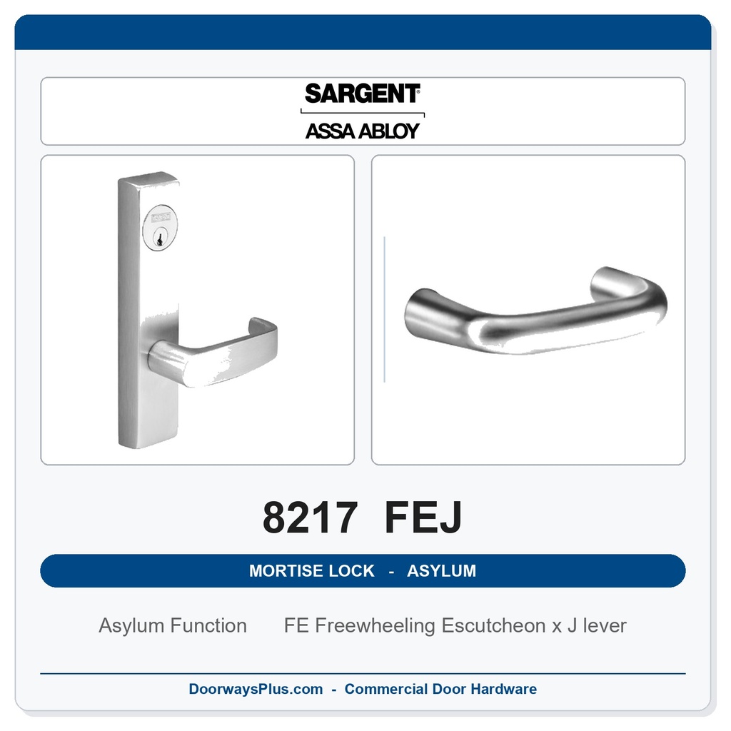 Sargent 8217 FEJ Trim Asylum or Institutional Mortise Lockset | LA Keyway, Grade 1 Commercial