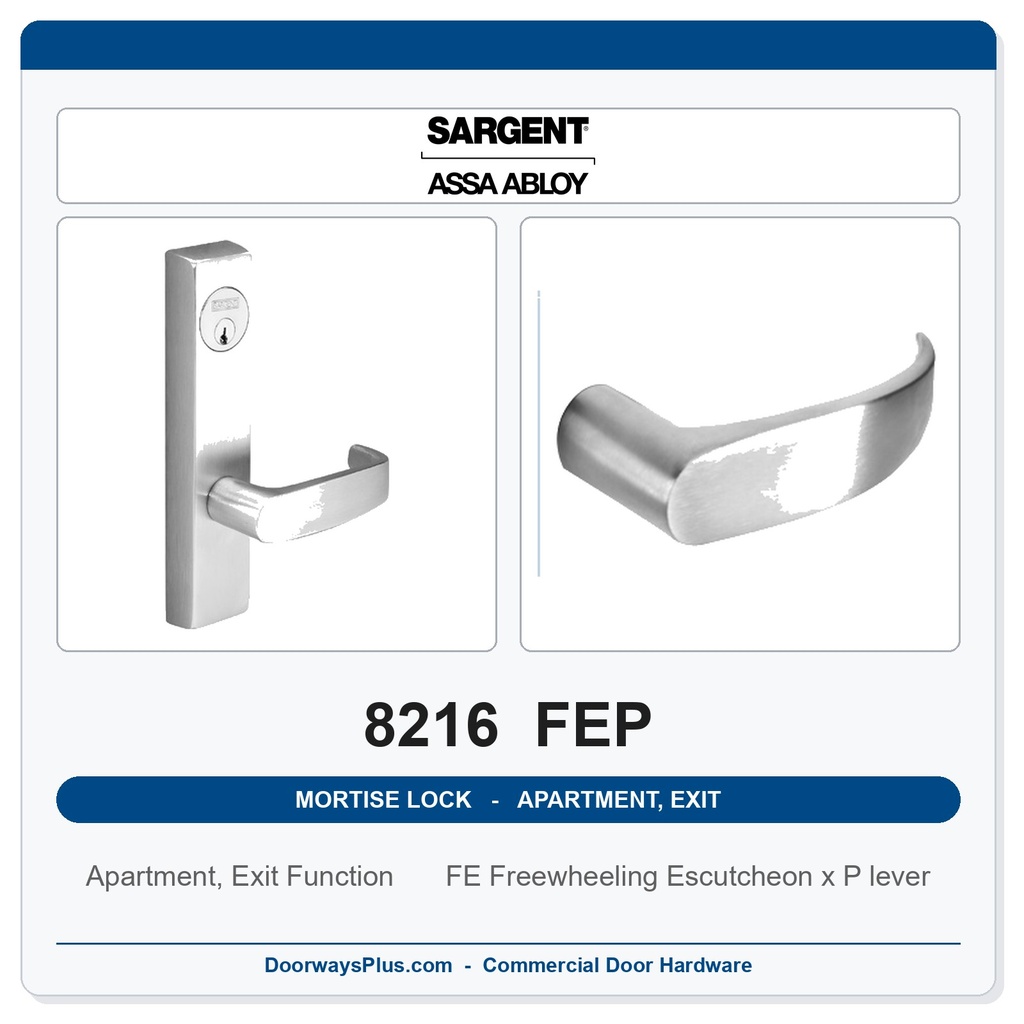 Sargent 8216 FEP Trim Apartment, Exit or Public Restroom Mortise Lockset | LA Keyway, Grade 1 Commercial