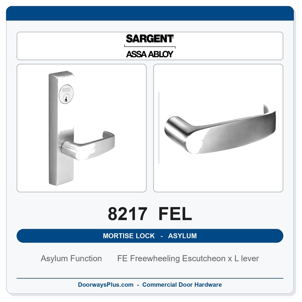 Sargent 8217 FEL Trim Asylum or Institutional Mortise Lockset | LA Keyway, Grade 1 Commercial