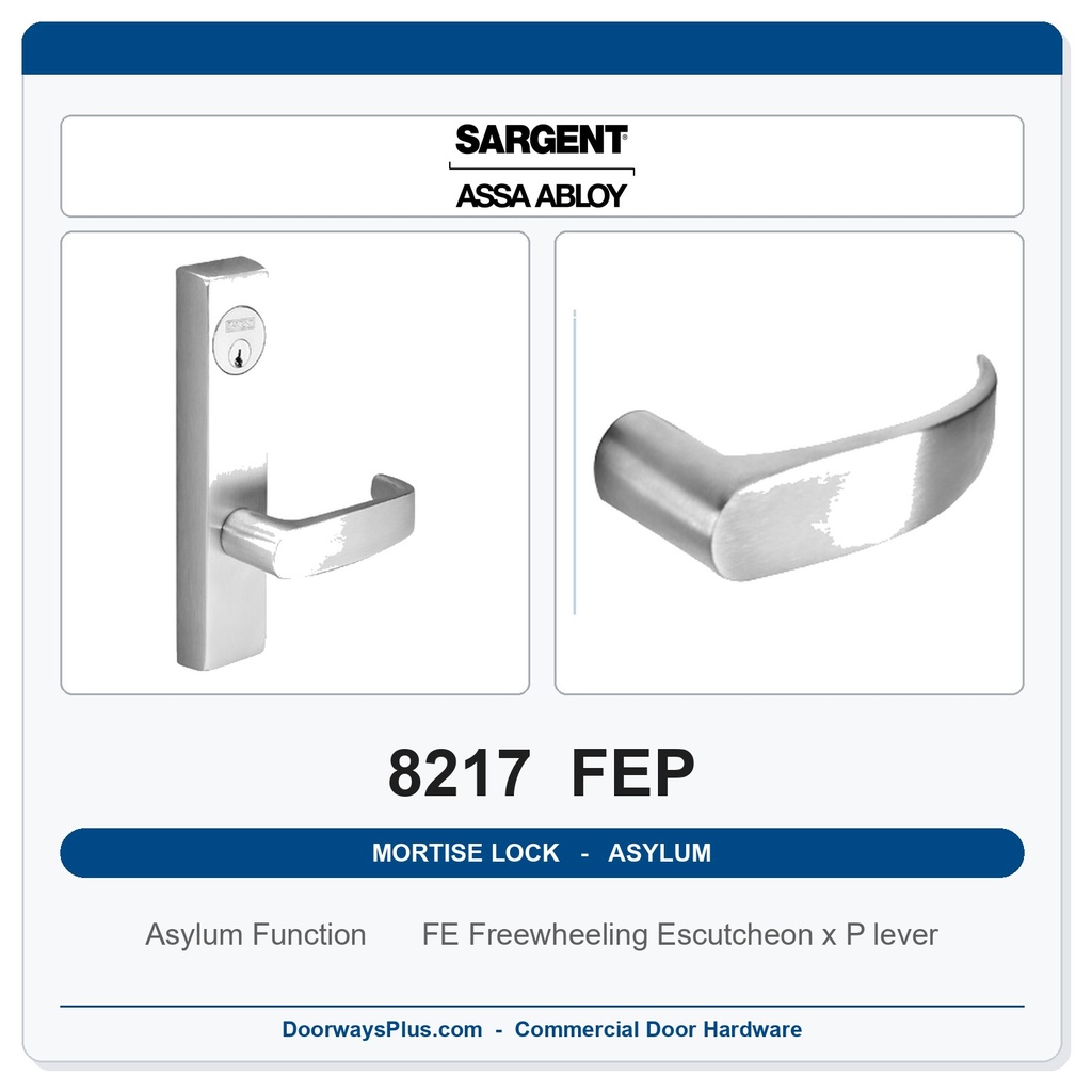 Sargent 8217 FEP Trim Asylum or Institutional Mortise Lockset | LA Keyway, Grade 1 Commercial