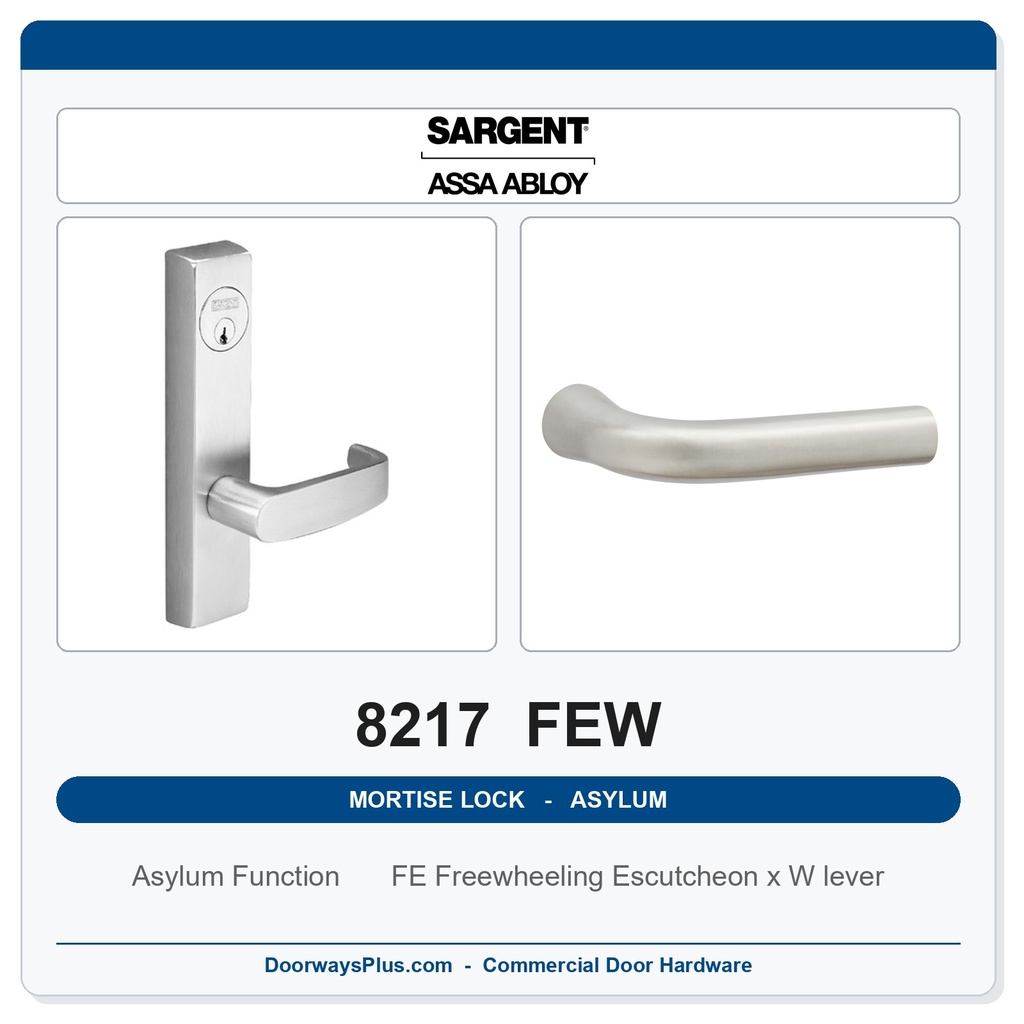 Sargent 8217 FEW Trim Asylum or Institutional Mortise Lockset | LA Keyway, Grade 1 Commercial