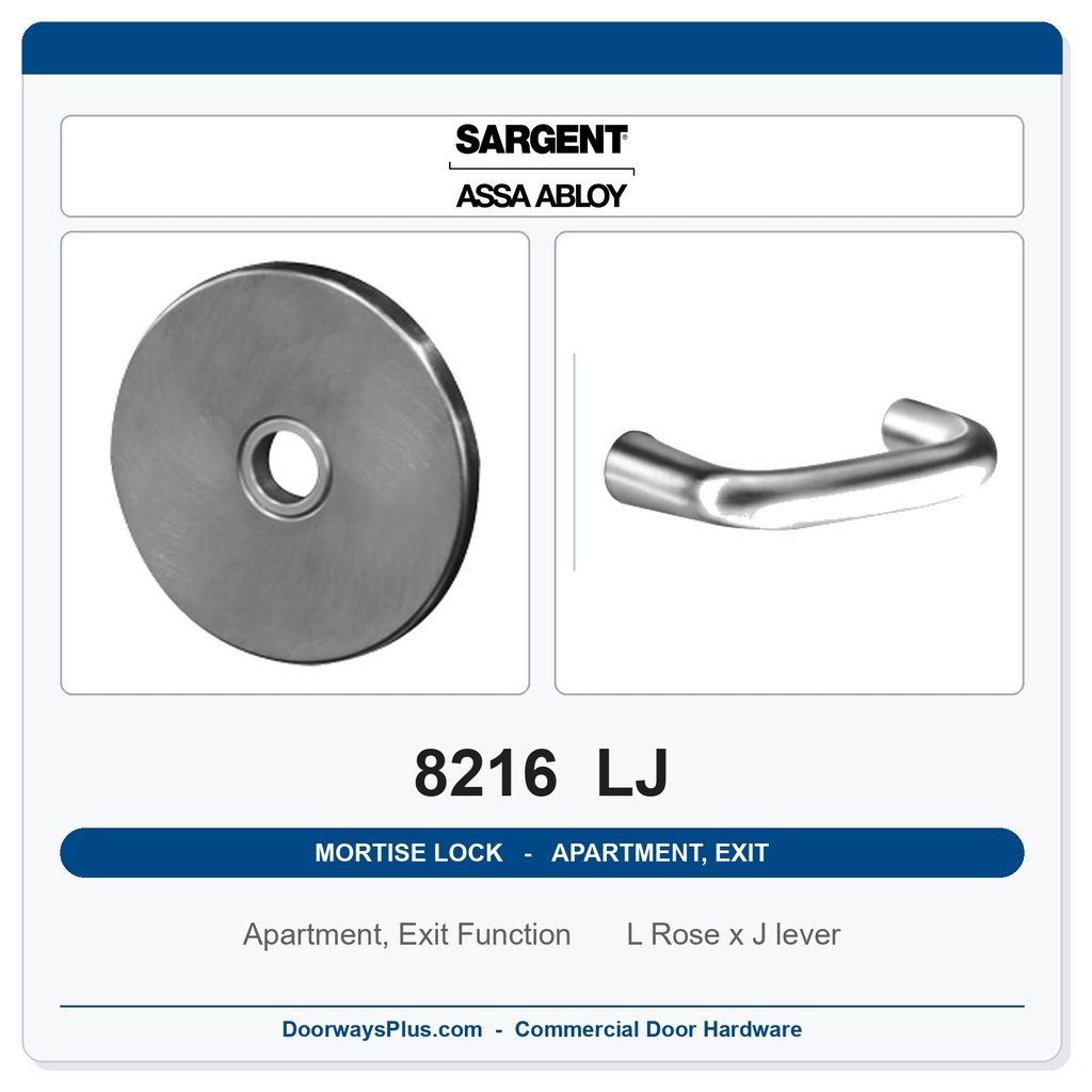 Sargent 8216 LJ Trim Apartment, Exit or Public Restroom Mortise Lockset | LA Keyway, Grade 1 Commercial