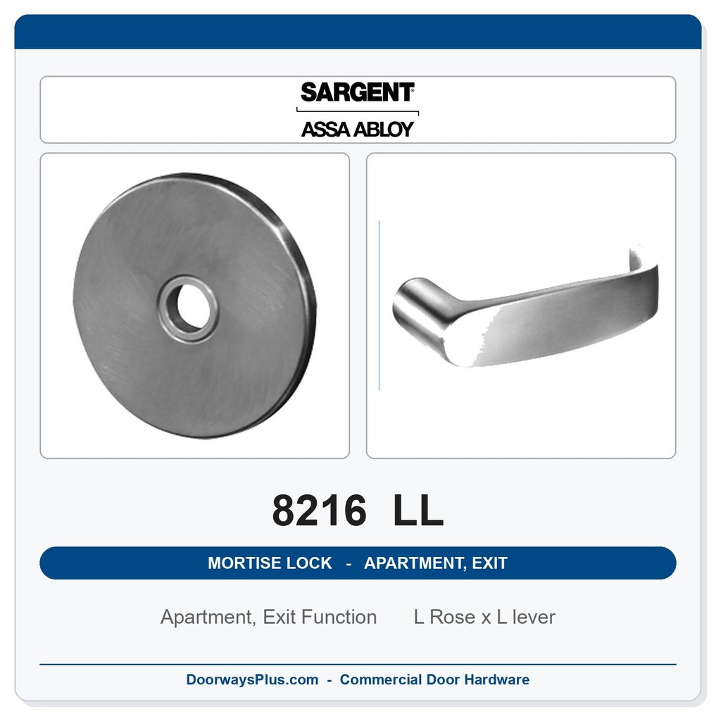 Sargent 8216 LL Trim Apartment, Exit or Public Restroom Mortise Lockset | LA Keyway, Grade 1 Commercial