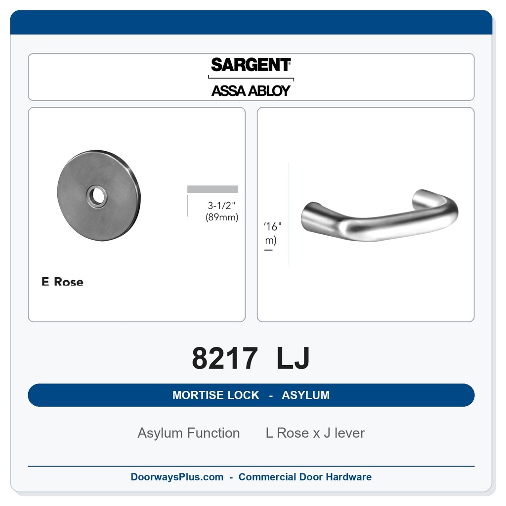 Sargent 8217 LJ Trim Asylum or Institutional Mortise Lockset | LA Keyway, Grade 1 Commercial