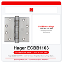 Hager ECBB1103 NRP 4-1/2x4-1/2 Heavy Weight Ball Bearing Hinge Stainless Steel