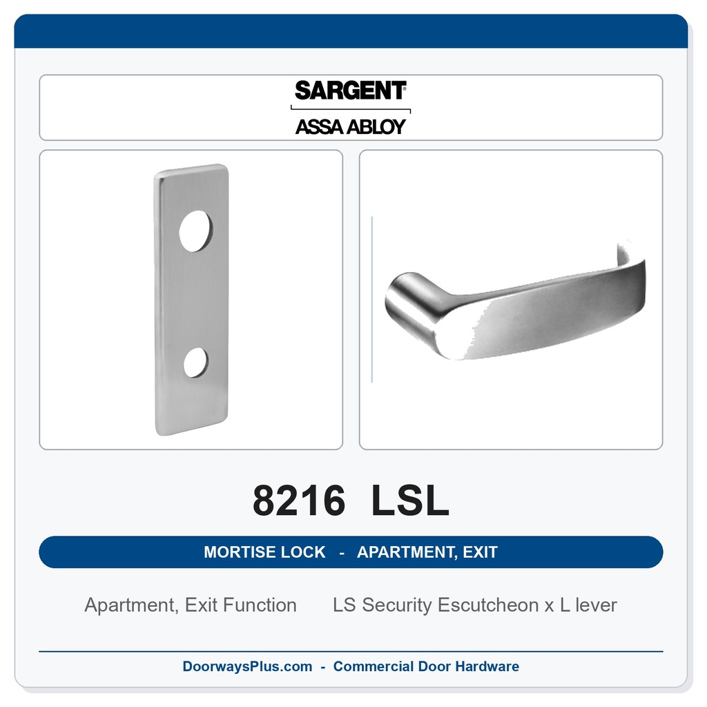 Sargent 8216 LSL Trim Apartment, Exit or Public Restroom Mortise Lockset | LA Keyway, Grade 1 Commercial