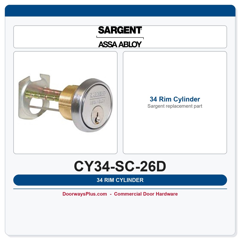Sargent 34 Rim Cylinder | Schlage C Keyway | 6-Pin Solid Brass | ANSI Grade 1