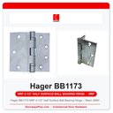 Hager BB1173 NRP 4-1/2" Half Surface Ball Bearing Hinge – Steel, ANSI A8412