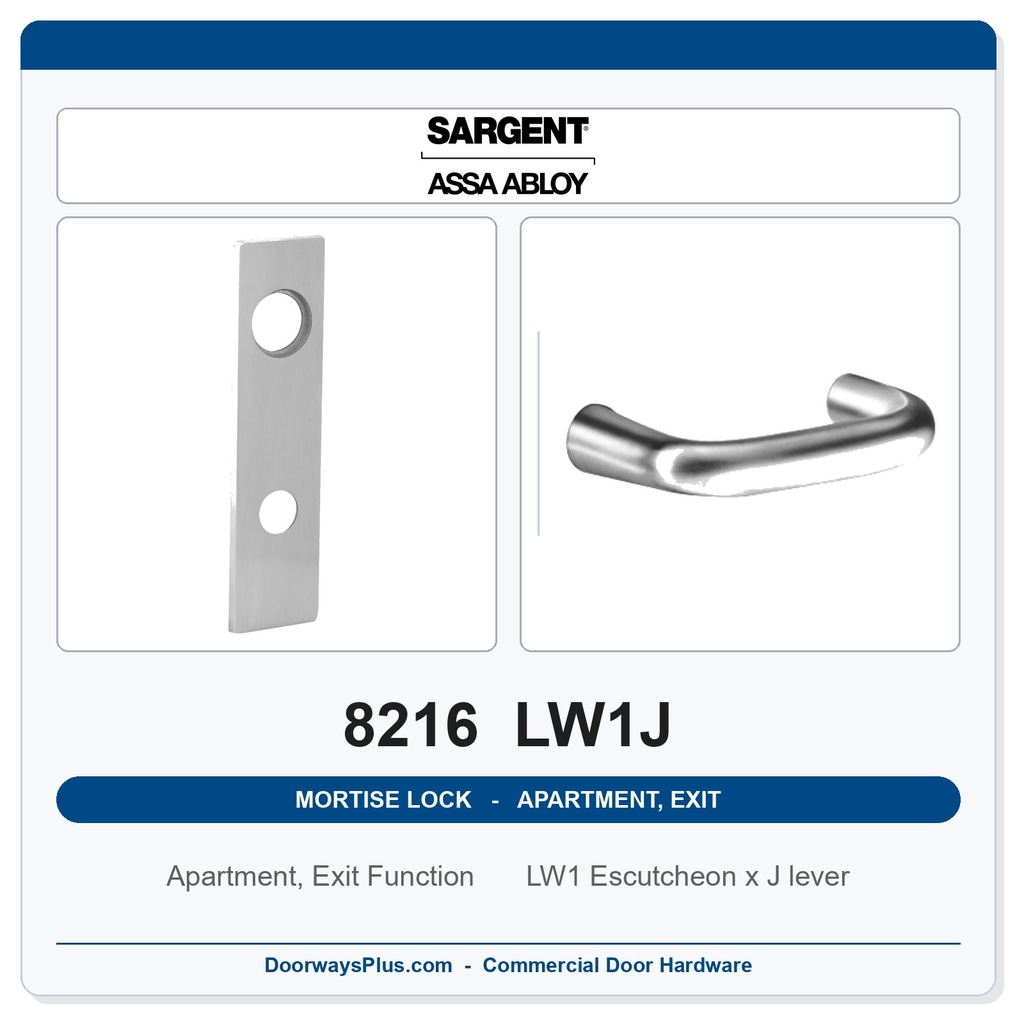 Sargent 8216 LW1J Trim Apartment, Exit or Public Restroom Mortise Lockset | LA Keyway, Grade 1 Commercial