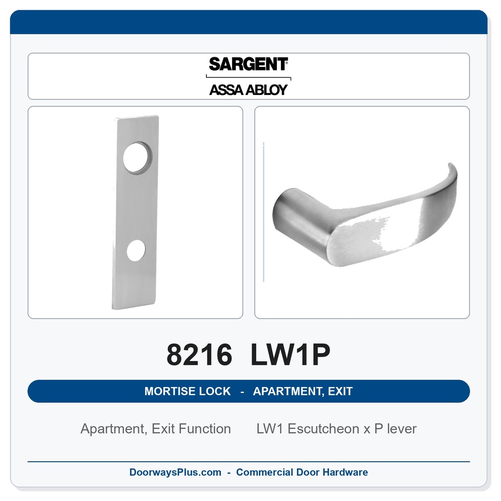 Sargent 8216 LW1P Trim Apartment, Exit or Public Restroom Mortise Lockset | LA Keyway, Grade 1 Commercial