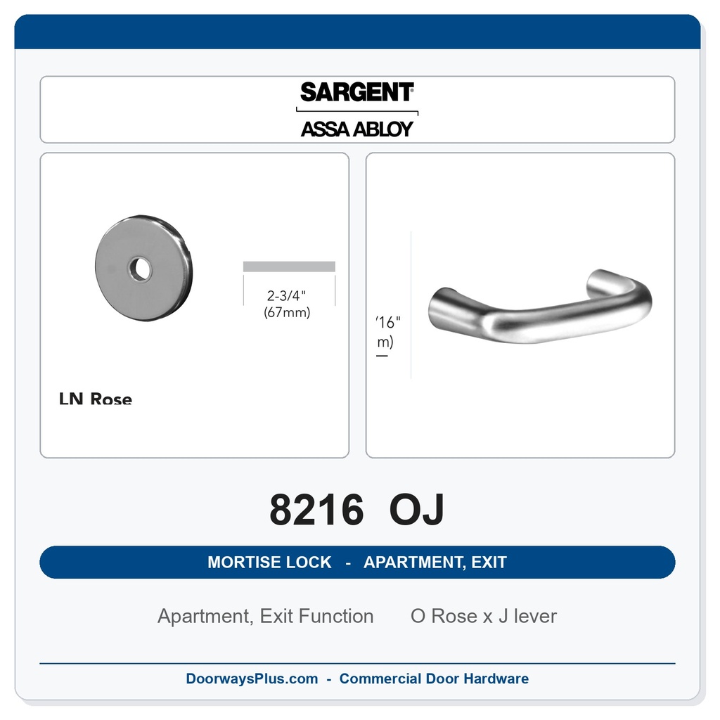Sargent 8216 OJ Trim Apartment, Exit or Public Restroom Mortise Lockset | LA Keyway, Grade 1 Commercial