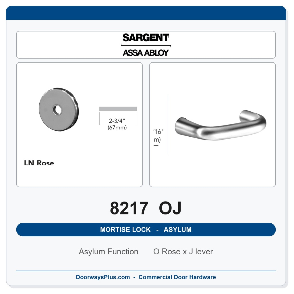Sargent 8217 OJ Trim Asylum or Institutional Mortise Lockset | LA Keyway, Grade 1 Commercial