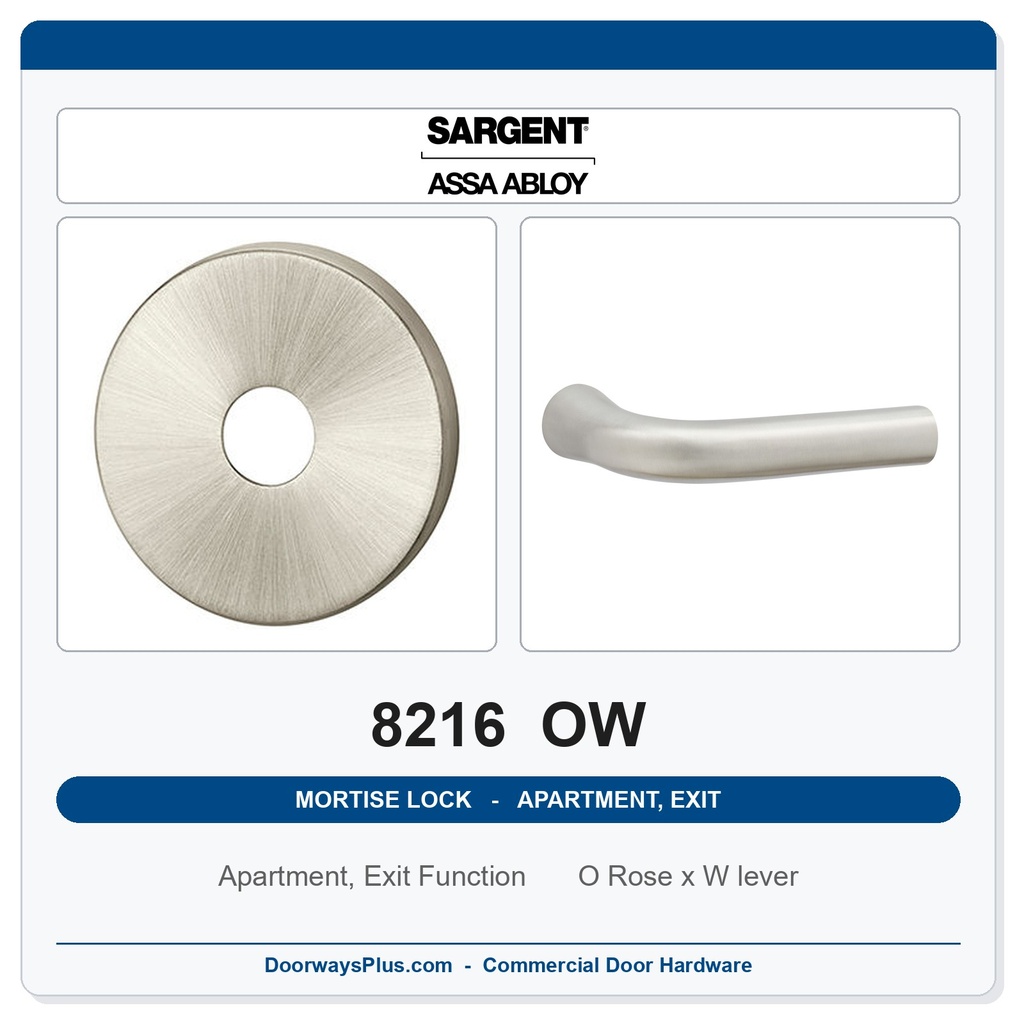 Sargent 8216 OW Trim Apartment, Exit or Public Restroom Mortise Lockset | LA Keyway, Grade 1 Commercial