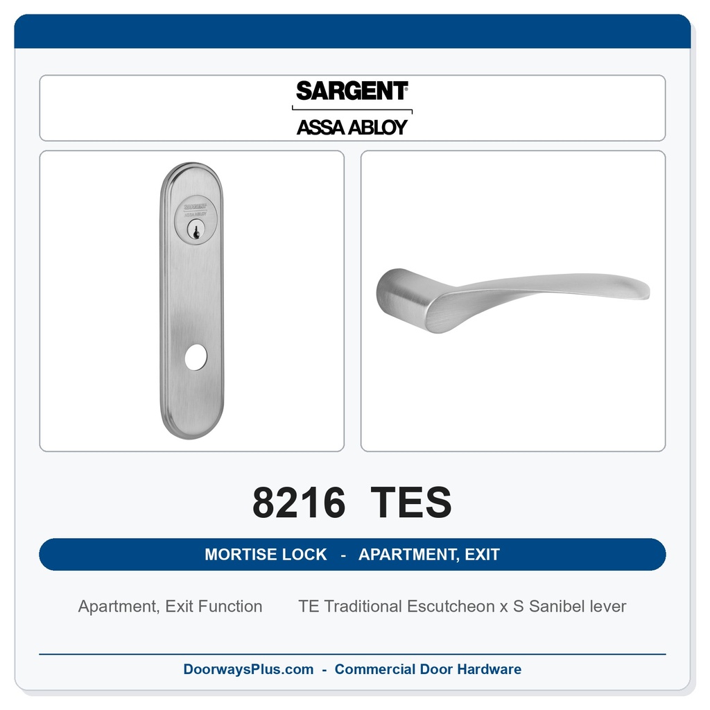 Sargent 8216 TES Trim Apartment, Exit or Public Restroom Mortise Lockset | LA Keyway, Grade 1 Commercial