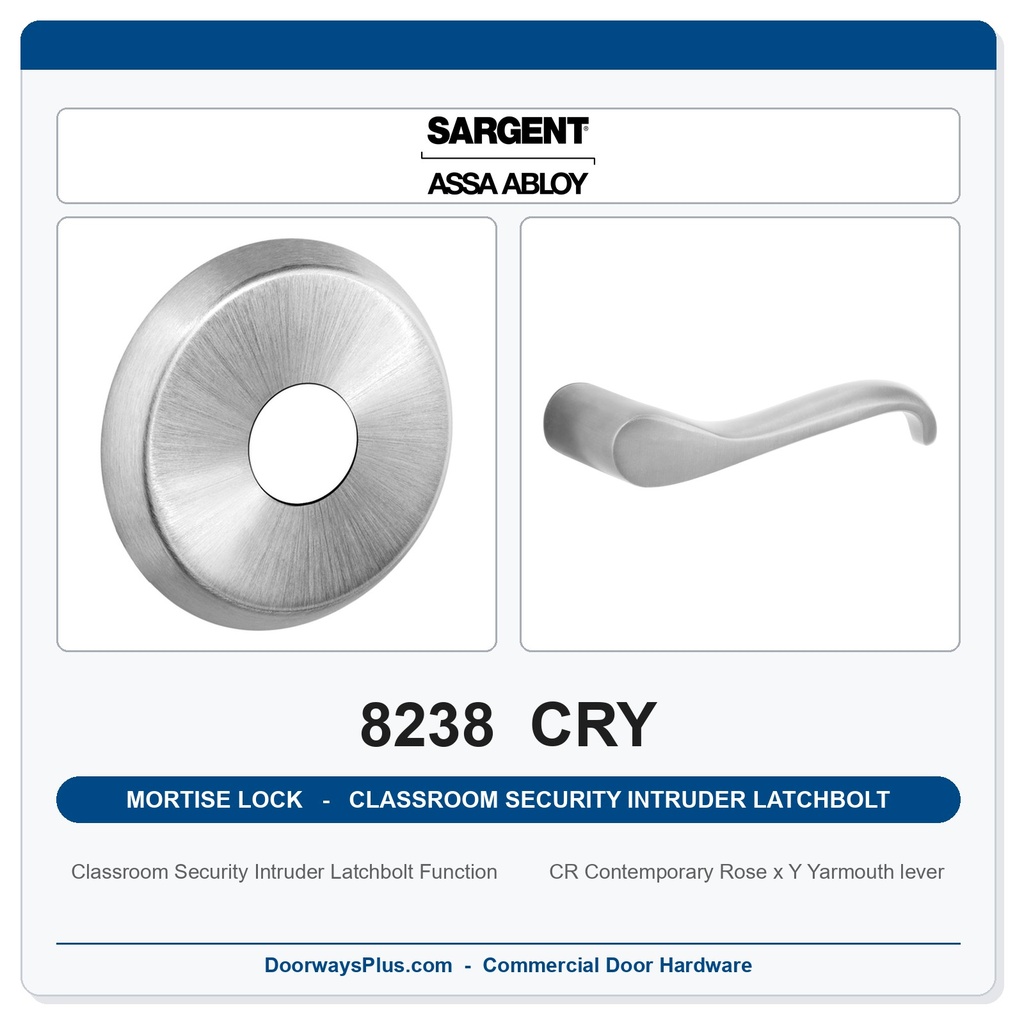 Sargent 8238 CRY Trim Classroom Security Intruder Latchbolt Mortise Lockset | LA Keyway, Grade 1 Commercial