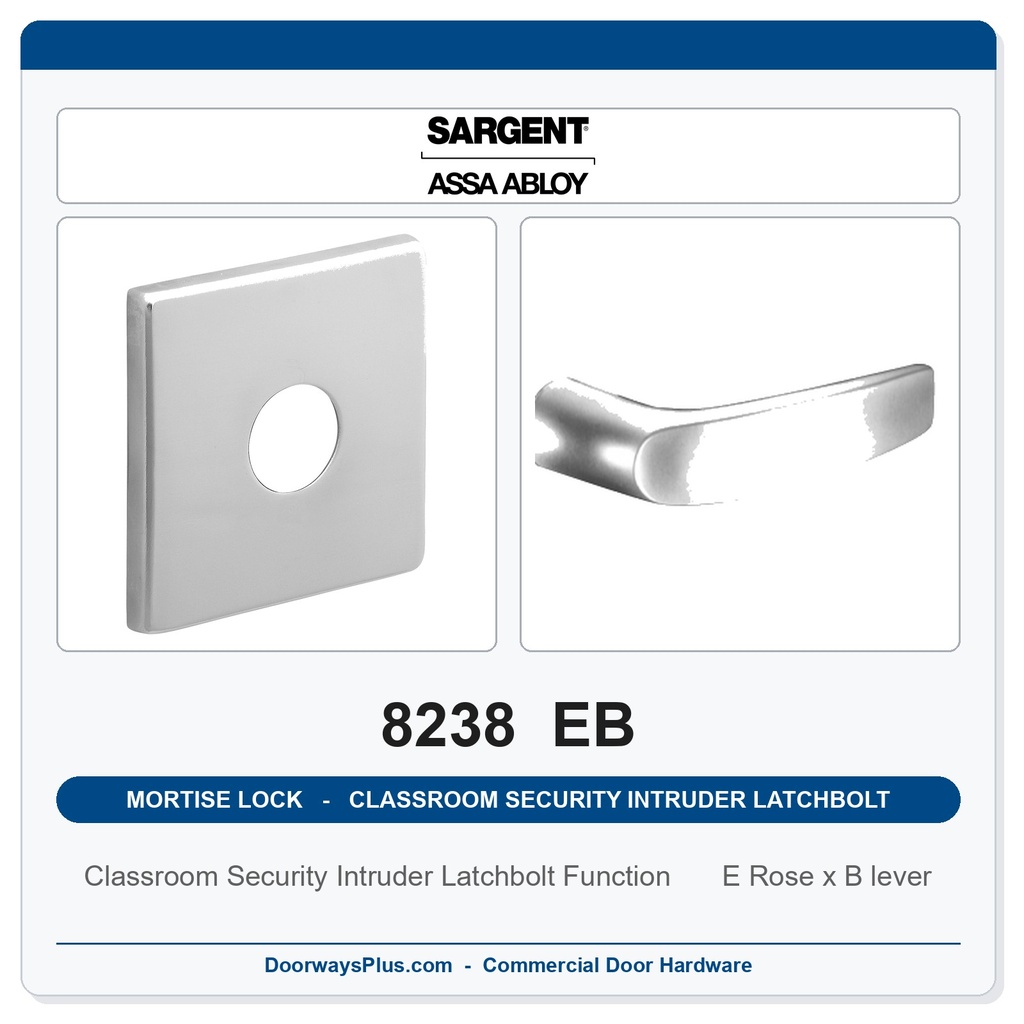 Sargent 8238 EB Trim Classroom Security Intruder Latchbolt Mortise Lockset | LA Keyway, Grade 1 Commercial