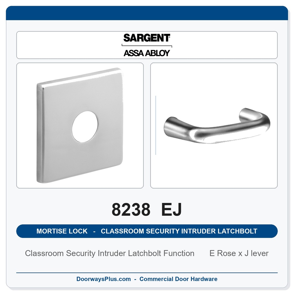 Sargent 8238 EJ Trim Classroom Security Intruder Latchbolt Mortise Lockset | LA Keyway, Grade 1 Commercial