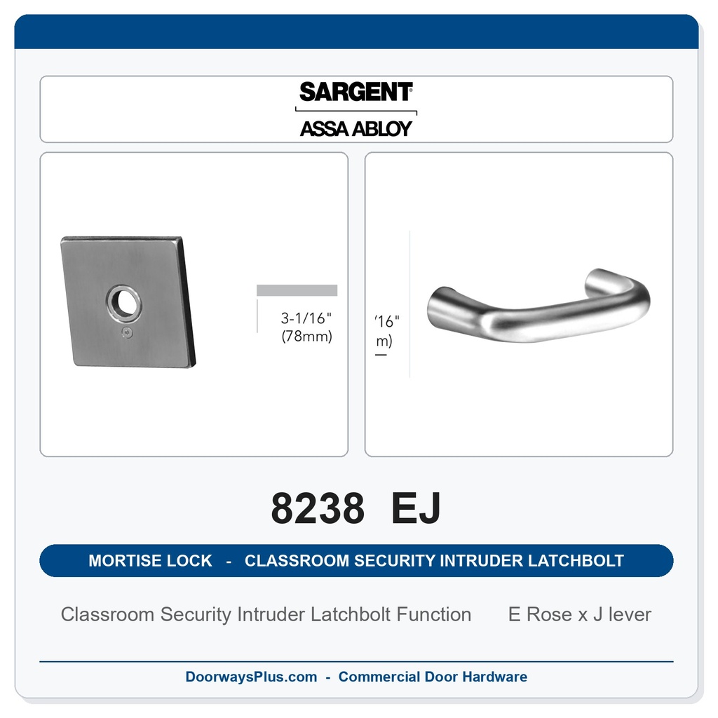 Sargent 8238 EJ Trim Classroom Security Intruder Latchbolt Mortise Lockset | LA Keyway, Grade 1 Commercial