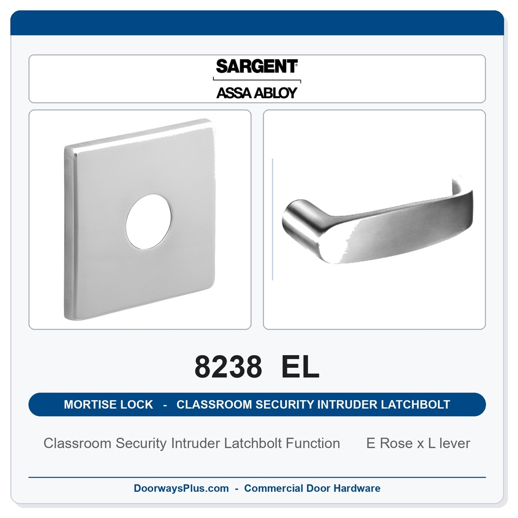 Sargent 8238 EL Trim Classroom Security Intruder Latchbolt Mortise Lockset | LA Keyway, Grade 1 Commercial