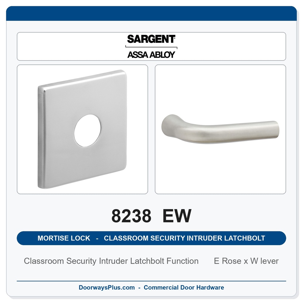 Sargent 8238 EW Trim Classroom Security Intruder Latchbolt Mortise Lockset | LA Keyway, Grade 1 Commercial