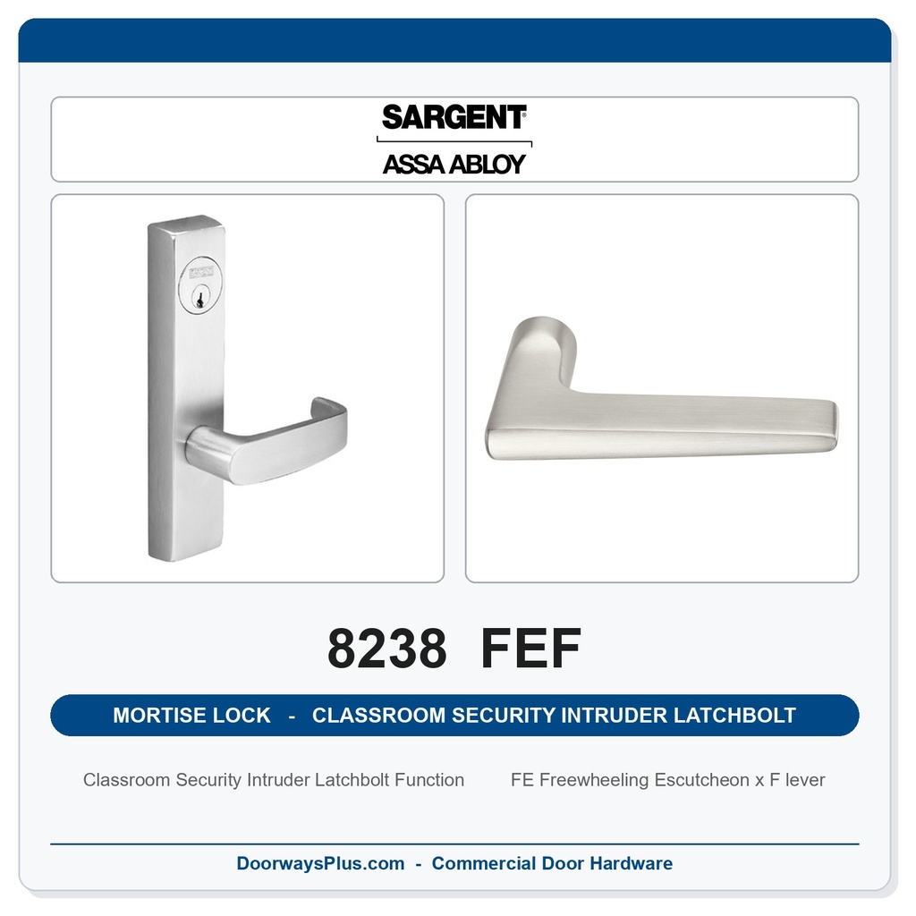 Sargent 8238 FEF Trim Classroom Security Intruder Latchbolt Mortise Lockset | LA Keyway, Grade 1 Commercial