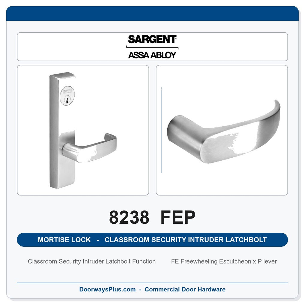 Sargent 8238 FEP Trim Classroom Security Intruder Latchbolt Mortise Lockset | LA Keyway, Grade 1 Commercial