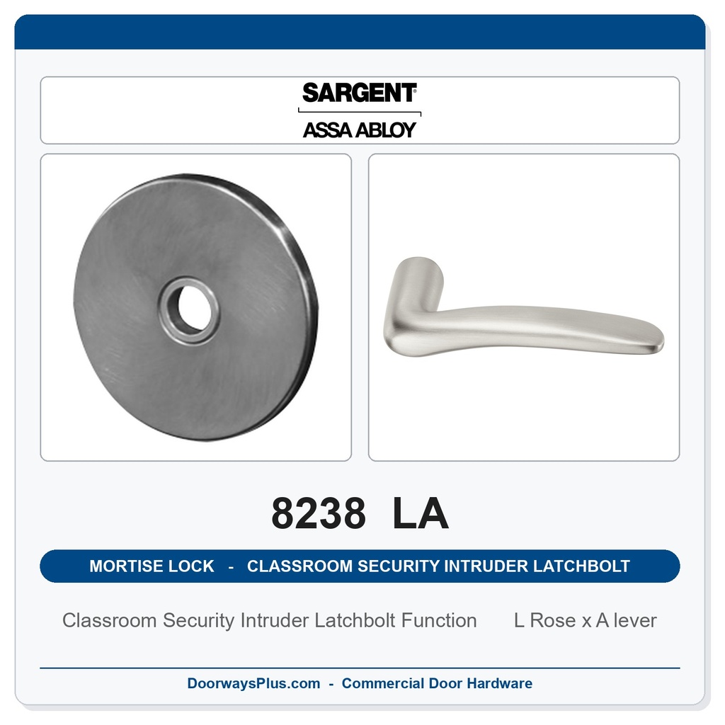 Sargent 8238 LA Trim Classroom Security Intruder Latchbolt Mortise Lockset | LA Keyway, Grade 1 Commercial