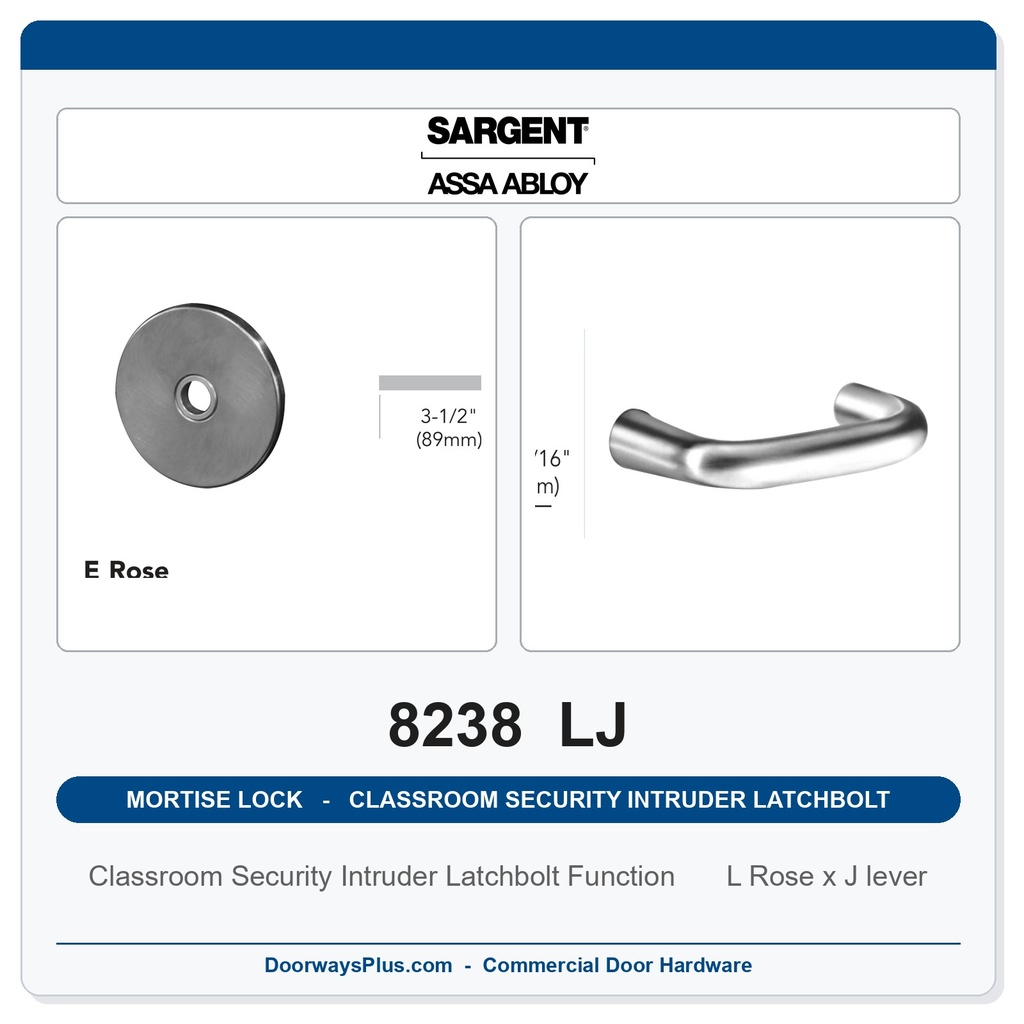 Sargent 8238 LJ Trim Classroom Security Intruder Latchbolt Mortise Lockset | LA Keyway, Grade 1 Commercial