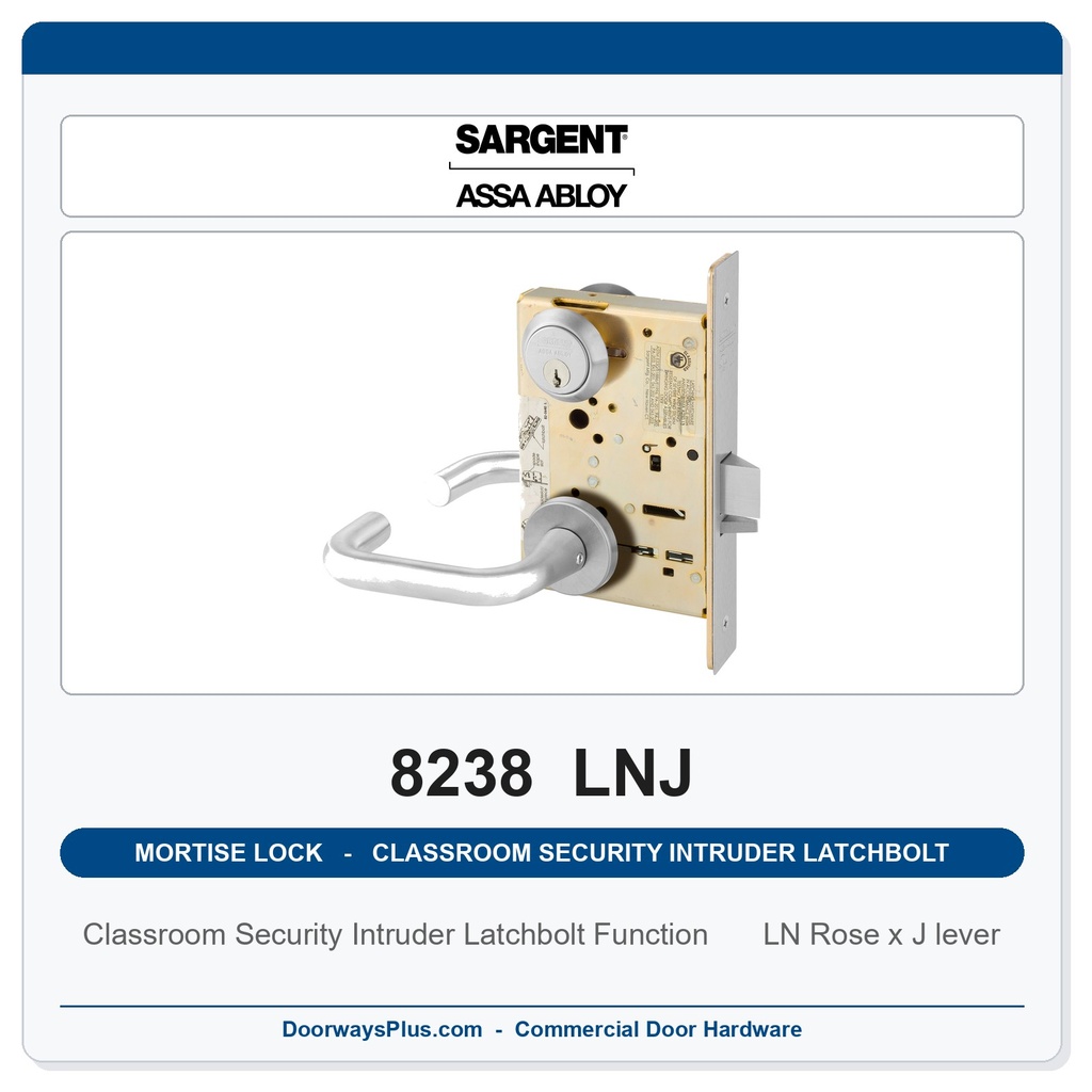 Sargent 8238 LNJ Classroom Security Intruder Latchbolt Mortise Lockset | Grade 1, LA Keyway