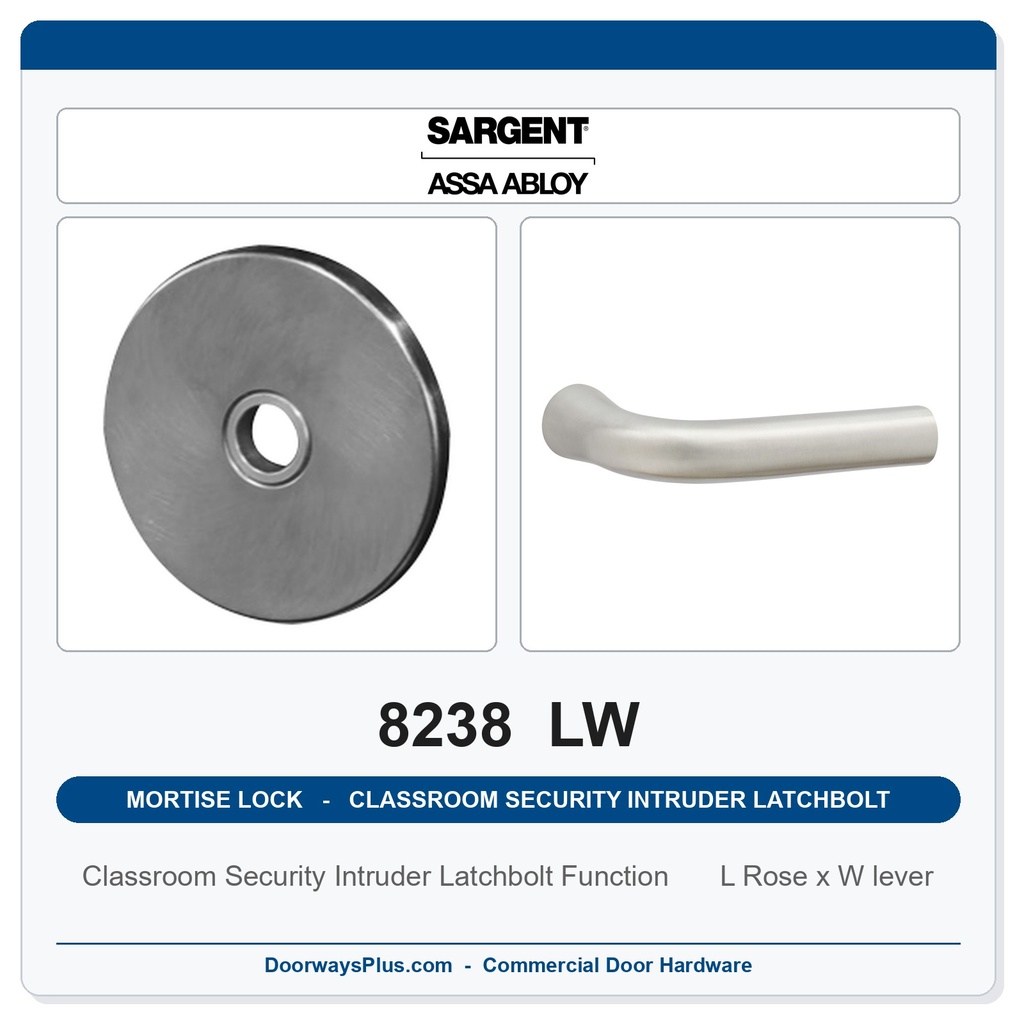 Sargent 8238 LW Trim Classroom Security Intruder Latchbolt Mortise Lockset | LA Keyway, Grade 1 Commercial