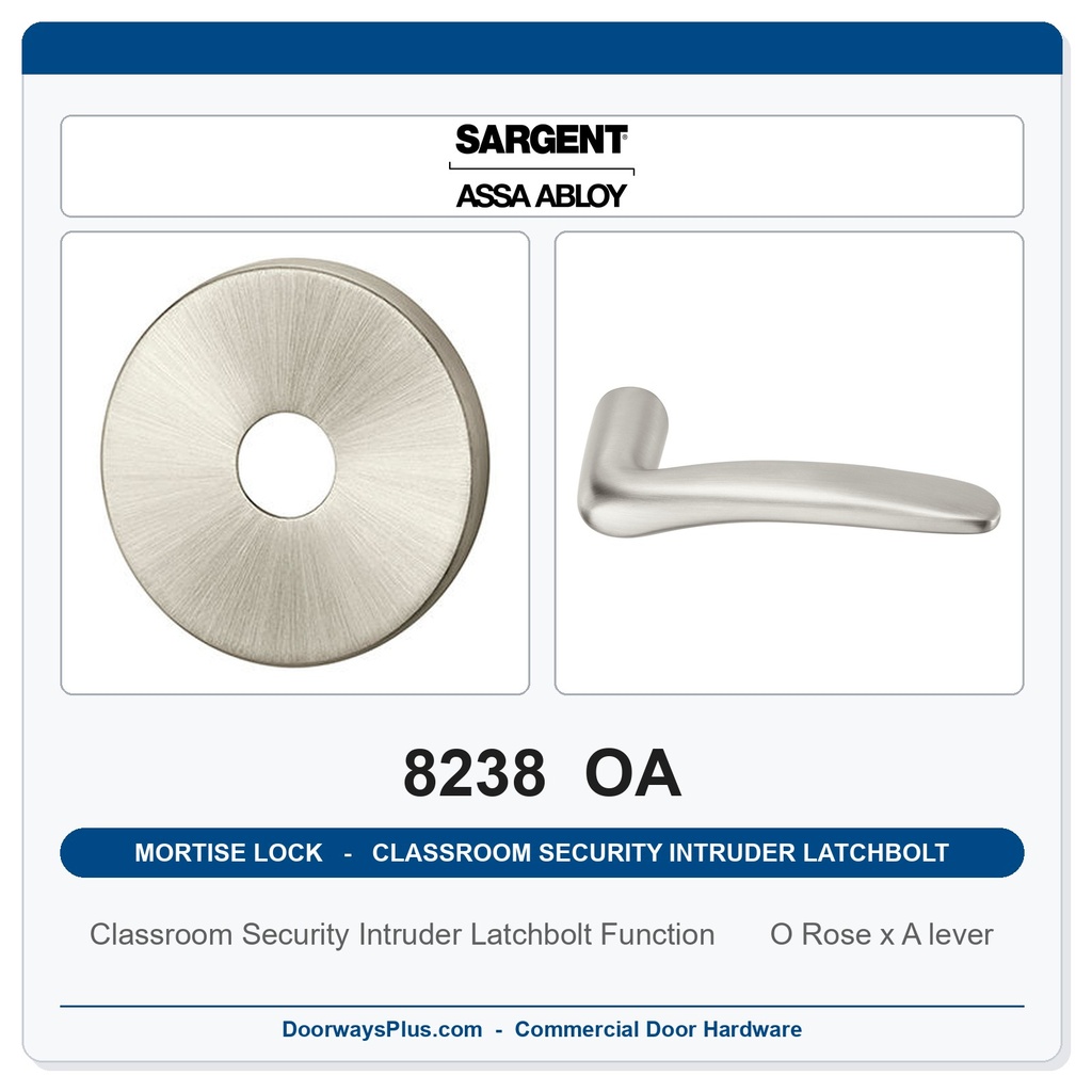 Sargent 8238 OA Trim Classroom Security Intruder Latchbolt Mortise Lockset | LA Keyway, Grade 1 Commercial