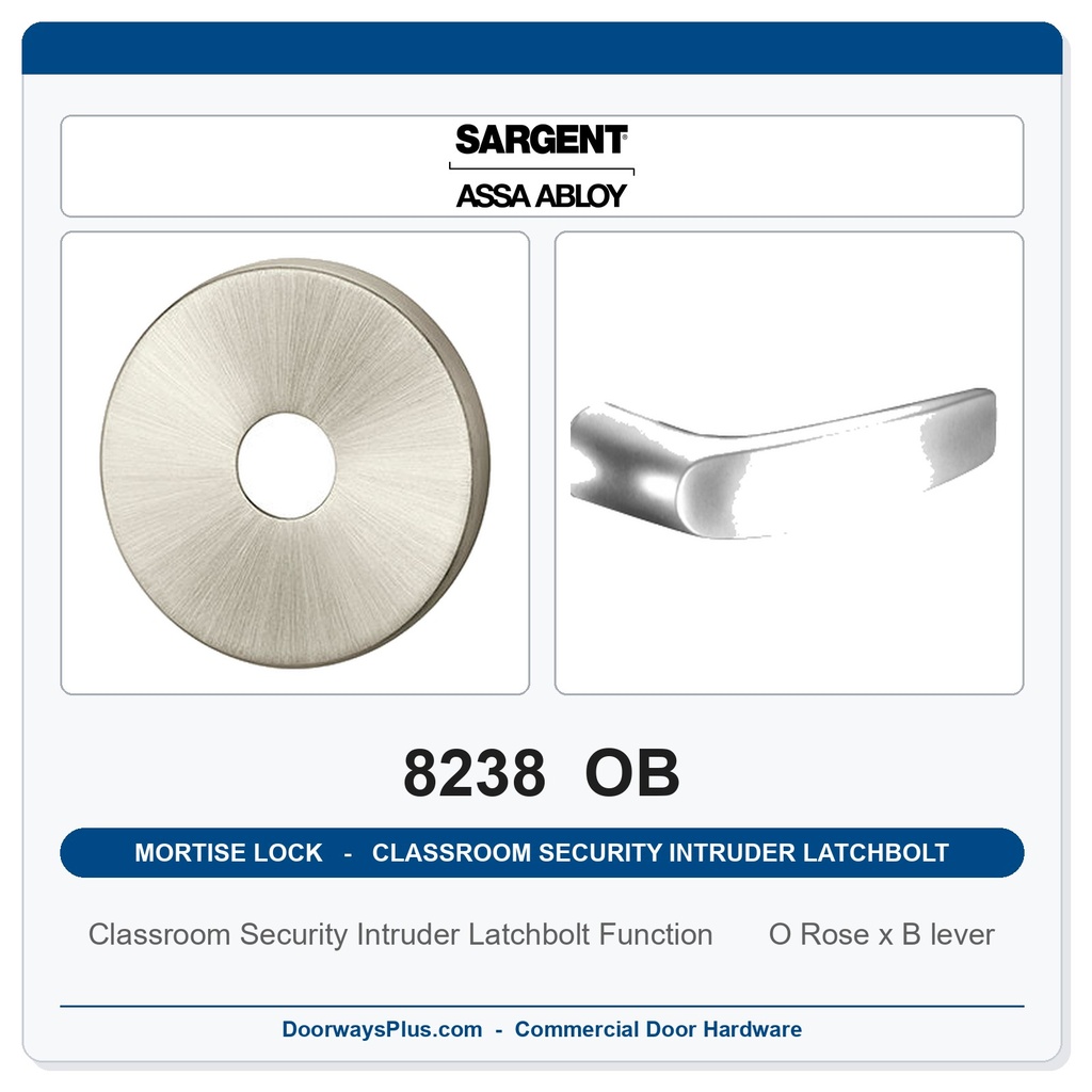 Sargent 8238 OB Trim Classroom Security Intruder Latchbolt Mortise Lockset | LA Keyway, Grade 1 Commercial