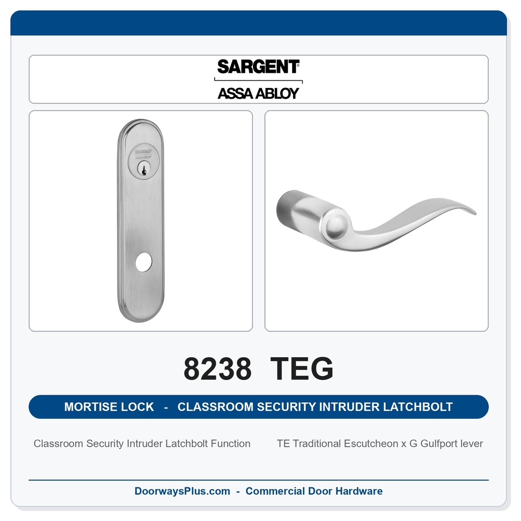 Sargent 8238 TEG Trim Classroom Security Intruder Latchbolt Mortise Lockset | LA Keyway, Grade 1 Commercial