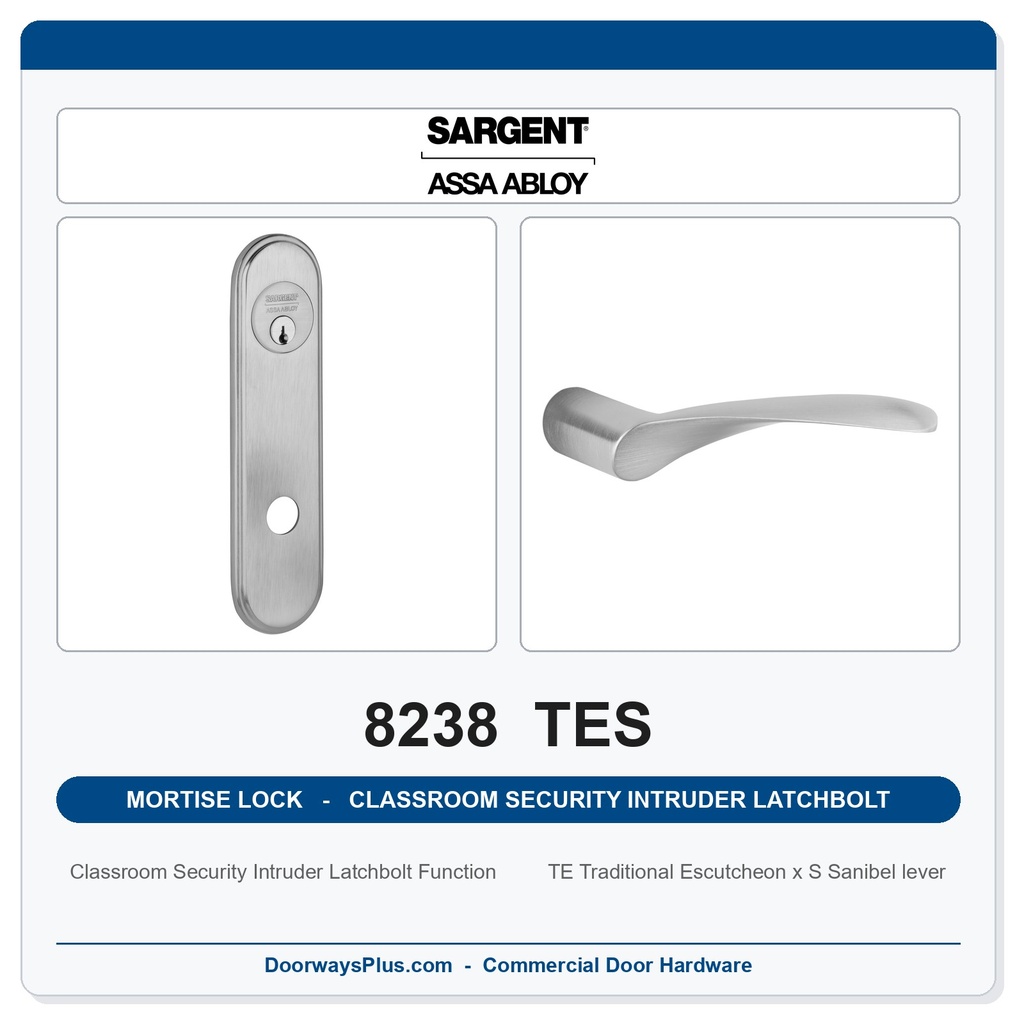 Sargent 8238 TES Trim Classroom Security Intruder Latchbolt Mortise Lockset | LA Keyway, Grade 1 Commercial