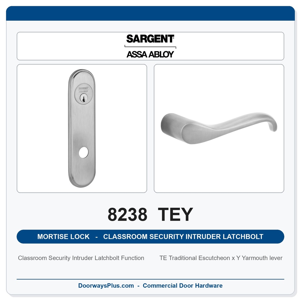Sargent 8238 TEY Trim Classroom Security Intruder Latchbolt Mortise Lockset | LA Keyway, Grade 1 Commercial
