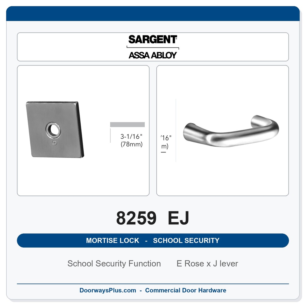 Sargent 8259 EJ Trim School Security Mortise Lockset | LA Keyway, Grade 1 Commercial