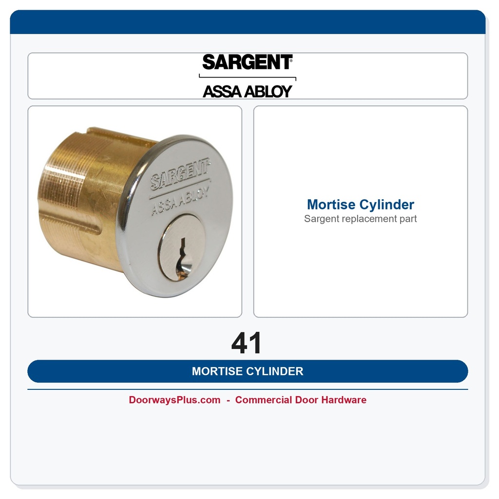 Sargent 41 Mortise Cylinder | LA Keyway | 1-1/8" Solid Brass | 6-Pin