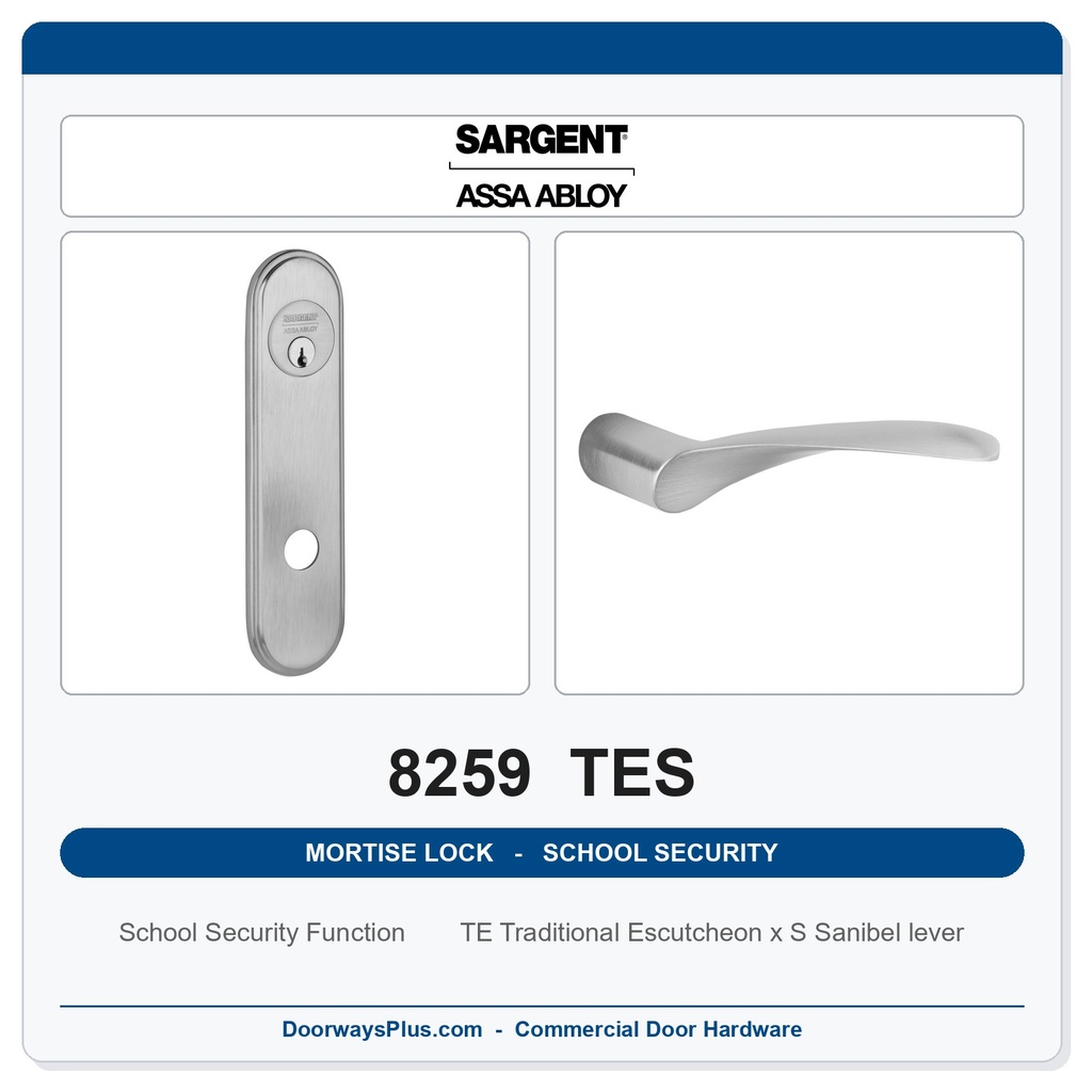 Sargent 8259 TES Trim School Security Mortise Lockset | LA Keyway, Grade 1 Commercial