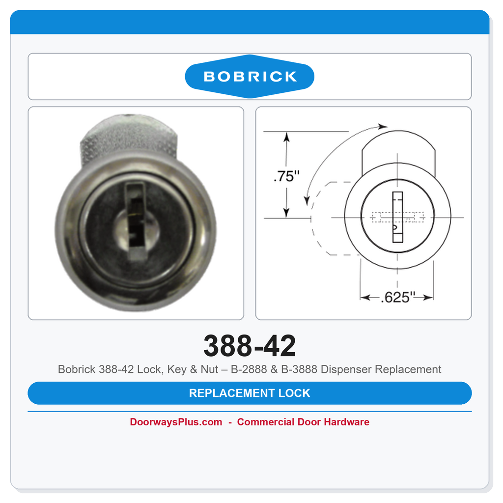Bobrick 388-42 Lock, Key & Nut – B-2888 & B-3888 Dispenser Replacement