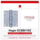 Hager ECBB1102 NRP 5" x 4-1/2" Heavy Weight Ball Bearing Hinge US26D