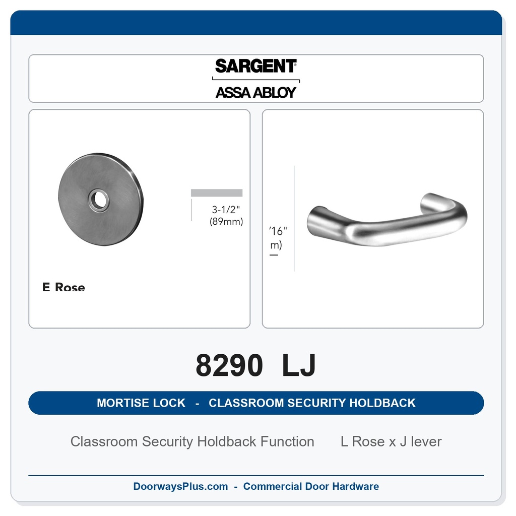 Sargent 8290 LJ Trim Classroom Security Holdback Mortise Lockset | LA Keyway, Grade 1 Commercial