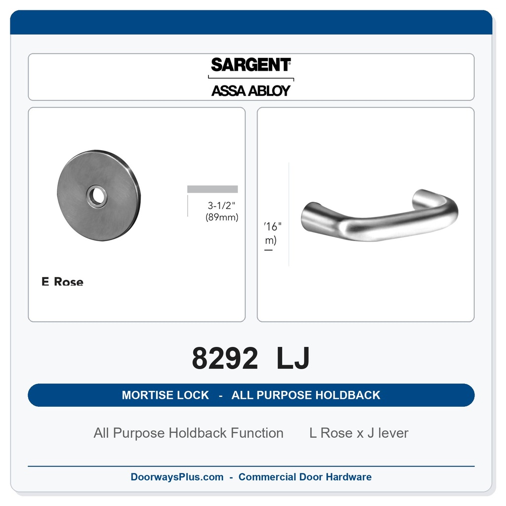 Sargent 8292 LJ Trim All Purpose Holdback Mortise Lockset | LA Keyway, Grade 1 Commercial