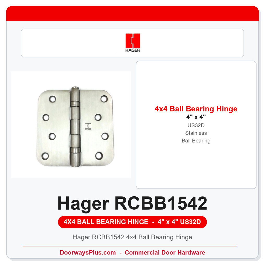 Hager RCBB1542 4x4 Ball Bearing Hinge | US32D Satin Stainless | 5/8" RC