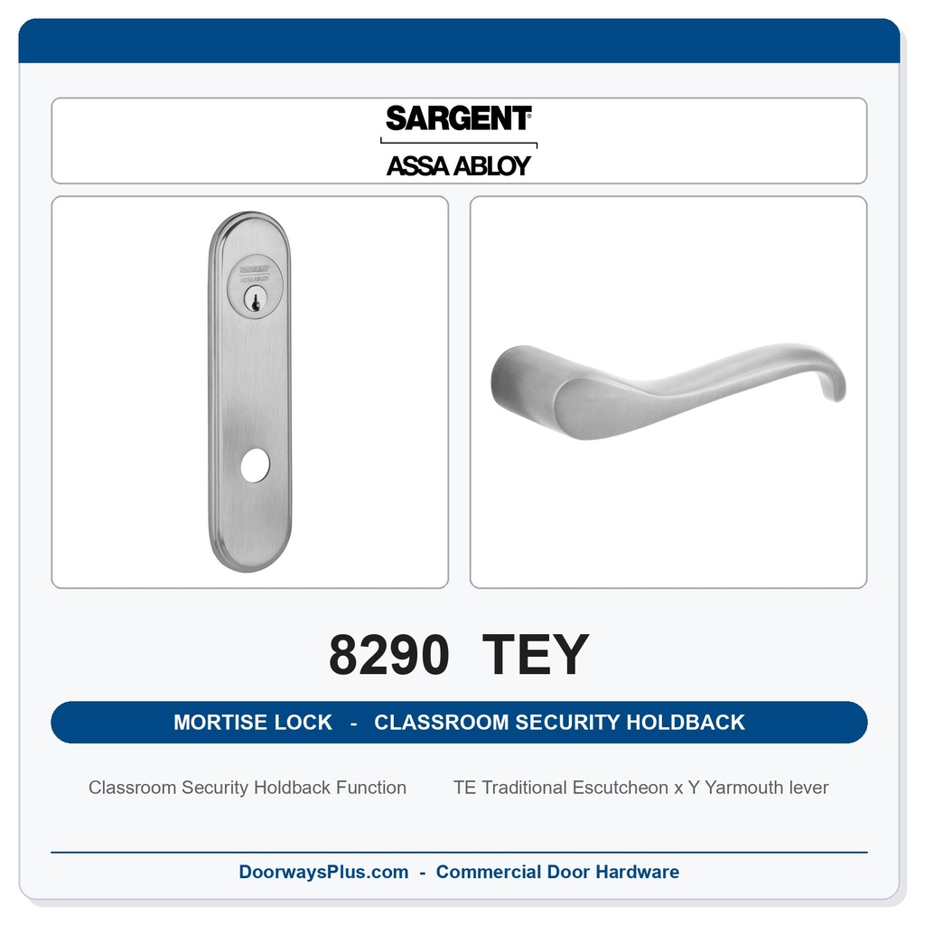 Sargent 8290 TEY Trim Classroom Security Holdback Mortise Lockset | LA Keyway, Grade 1 Commercial
