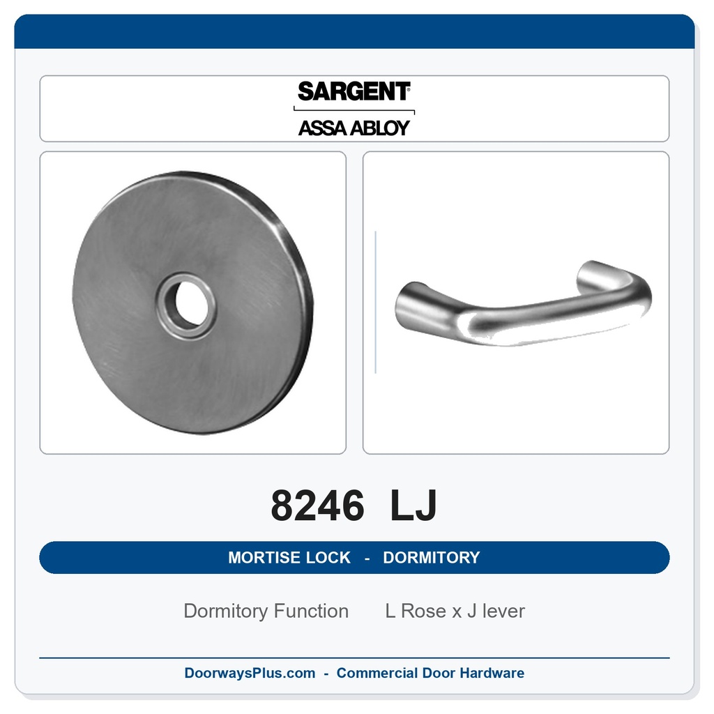 Sargent 8246 LJ Trim Dormitory or Exit Mortise Lockset | LA Keyway, Grade 1 Commercial